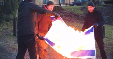 Les nationalistes suédois de Nordic Resistance Movement brûlent un drapeau israélien devant leur ambassade à Stockholm